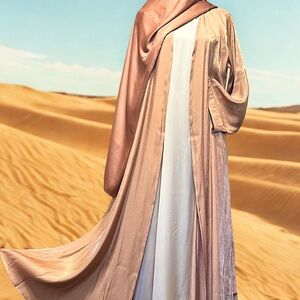 Elegant Satin scarf and Lame silk abaya set - Rose Gold
